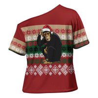 Chimpanzee Christmas Cross Shoulder Shirt Chimpanzee Wearing Santa Hat - Red Green Snowflake - Wonder Print Shop
