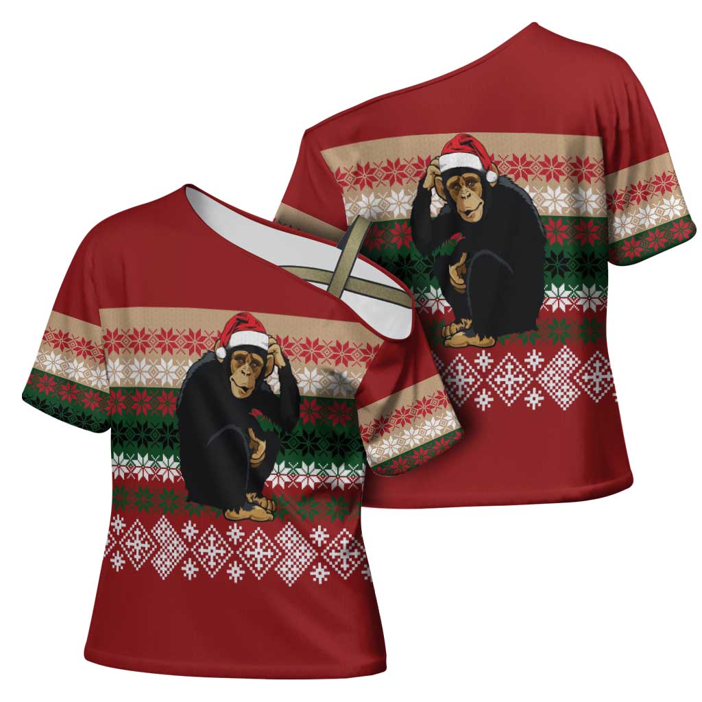 Chimpanzee Christmas Cross Shoulder Shirt Chimpanzee Wearing Santa Hat - Red Green Snowflake - Wonder Print Shop