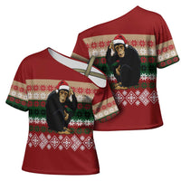 Chimpanzee Christmas Cross Shoulder Shirt Chimpanzee Wearing Santa Hat - Red Green Snowflake - Wonder Print Shop