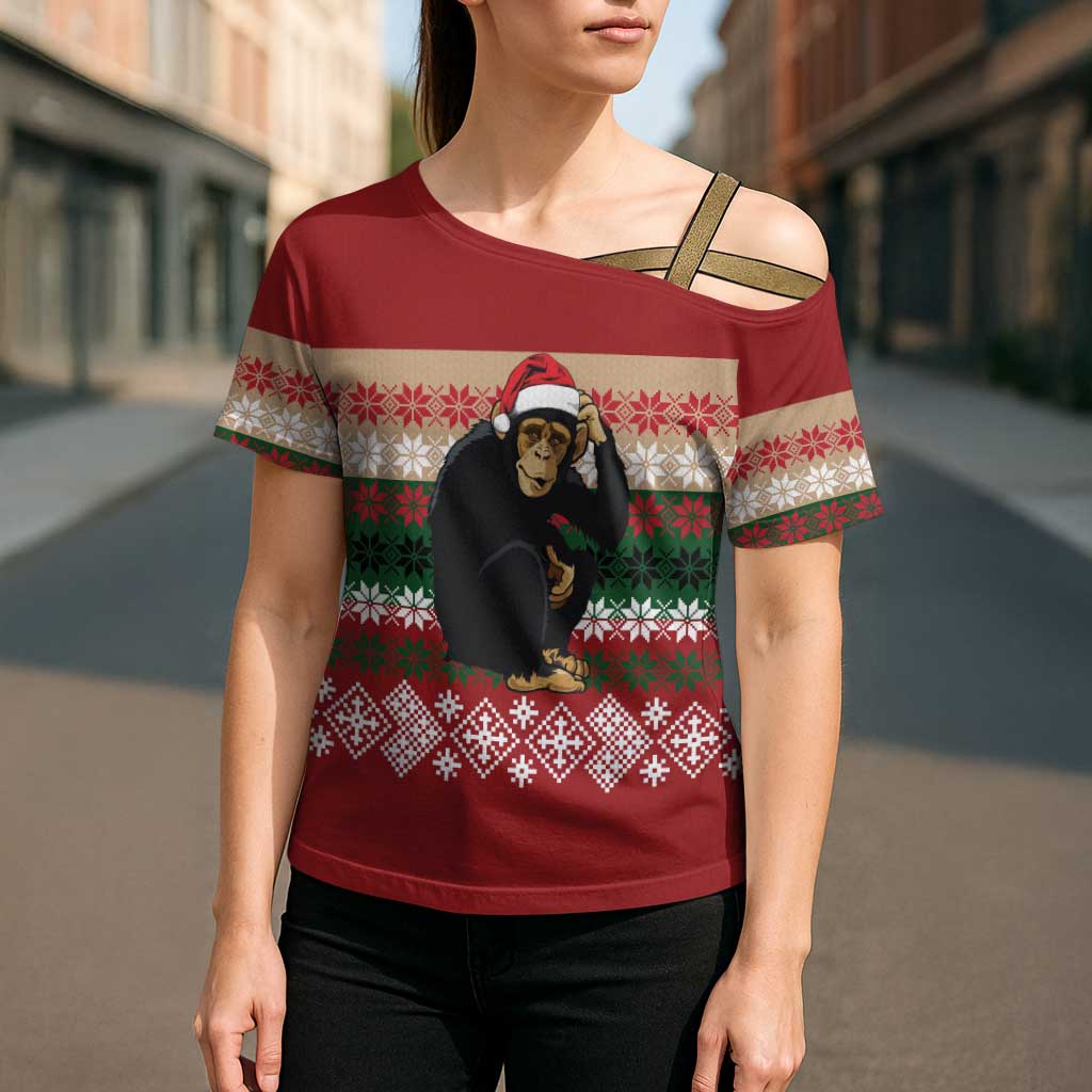 Chimpanzee Christmas Cross Shoulder Shirt Chimpanzee Wearing Santa Hat - Red Green Snowflake - Wonder Print Shop