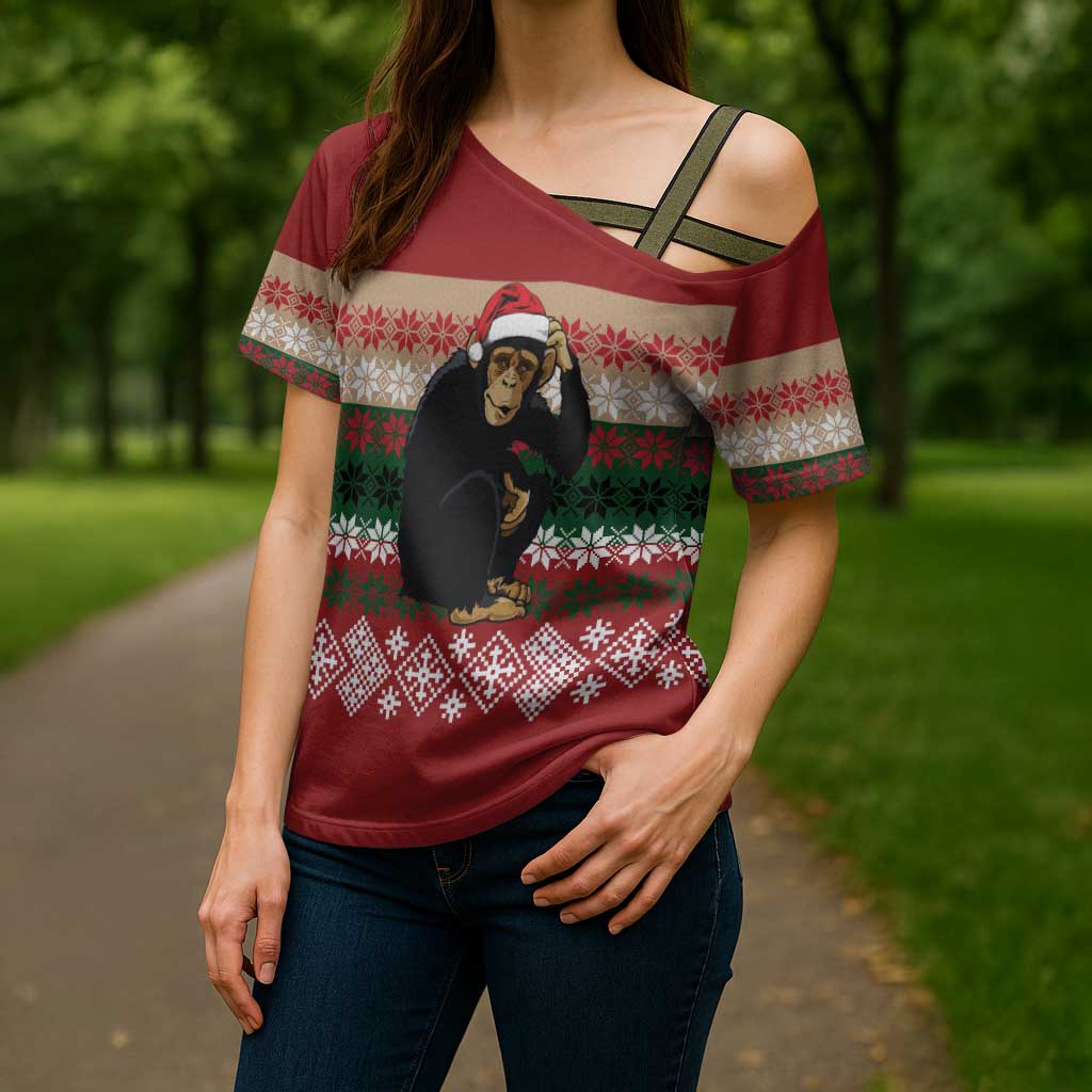 Chimpanzee Christmas Cross Shoulder Shirt Chimpanzee Wearing Santa Hat - Red Green Snowflake - Wonder Print Shop
