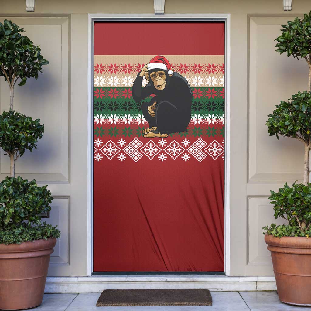 Chimpanzee Christmas Door Cover Chimpanzee Wearing Santa Hat - Red Green Snowflake - Wonder Print Shop