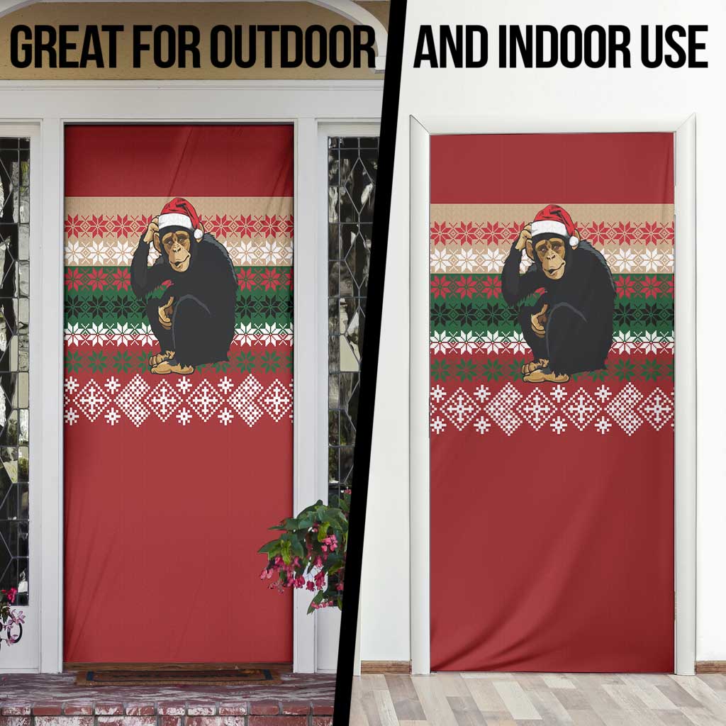 Chimpanzee Christmas Door Cover Chimpanzee Wearing Santa Hat - Red Green Snowflake - Wonder Print Shop