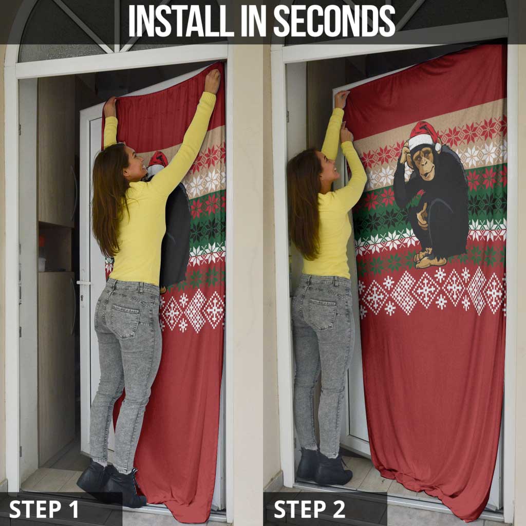 Chimpanzee Christmas Door Cover Chimpanzee Wearing Santa Hat - Red Green Snowflake - Wonder Print Shop