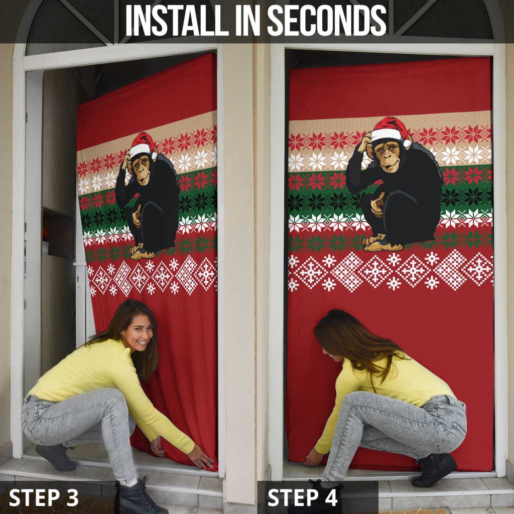 Chimpanzee Christmas Door Cover Chimpanzee Wearing Santa Hat - Red Green Snowflake - Wonder Print Shop