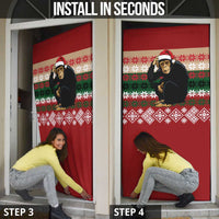 Chimpanzee Christmas Door Cover Chimpanzee Wearing Santa Hat - Red Green Snowflake - Wonder Print Shop