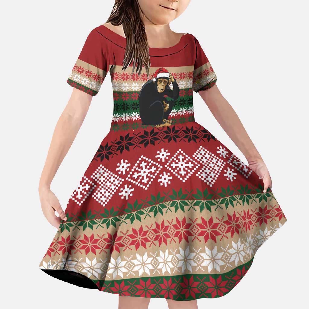Chimpanzee Christmas Family Matching Long Sleeve Bodycon Dress and Hawaiian Shirt Chimpanzee Wearing Santa Hat - Red Green Snowflake - Wonder Print Shop