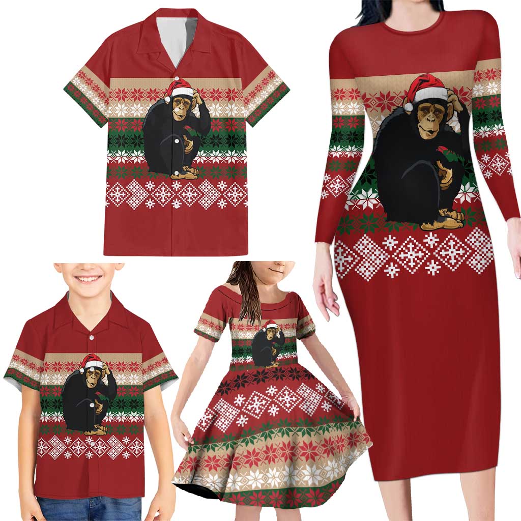 Chimpanzee Christmas Family Matching Long Sleeve Bodycon Dress and Hawaiian Shirt Chimpanzee Wearing Santa Hat - Red Green Snowflake - Wonder Print Shop