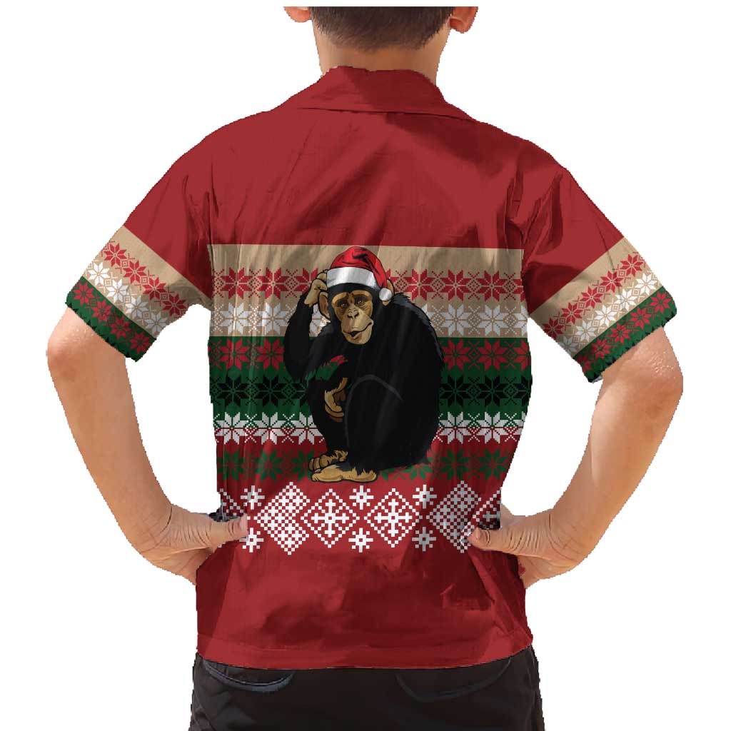 Chimpanzee Christmas Family Matching Mermaid Dress and Hawaiian Shirt Chimpanzee Wearing Santa Hat - Red Green Snowflake - Wonder Print Shop