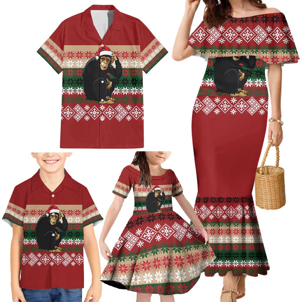 Chimpanzee Christmas Family Matching Mermaid Dress and Hawaiian Shirt Chimpanzee Wearing Santa Hat - Red Green Snowflake - Wonder Print Shop