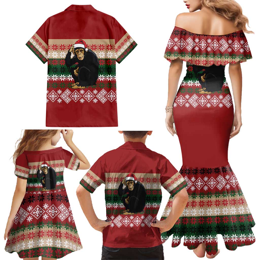 Chimpanzee Christmas Family Matching Mermaid Dress and Hawaiian Shirt Chimpanzee Wearing Santa Hat - Red Green Snowflake - Wonder Print Shop