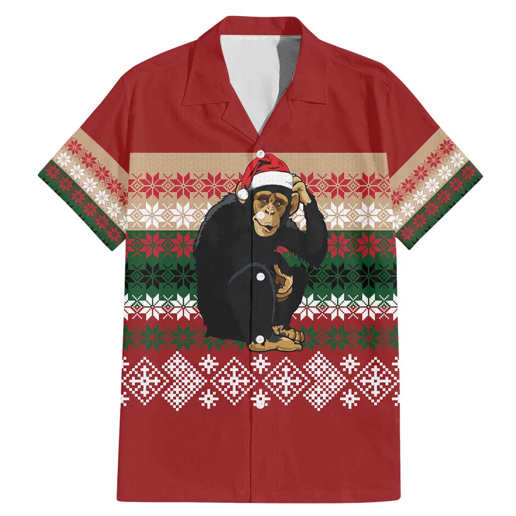 Chimpanzee Christmas Family Matching Mermaid Dress and Hawaiian Shirt Chimpanzee Wearing Santa Hat - Red Green Snowflake - Wonder Print Shop