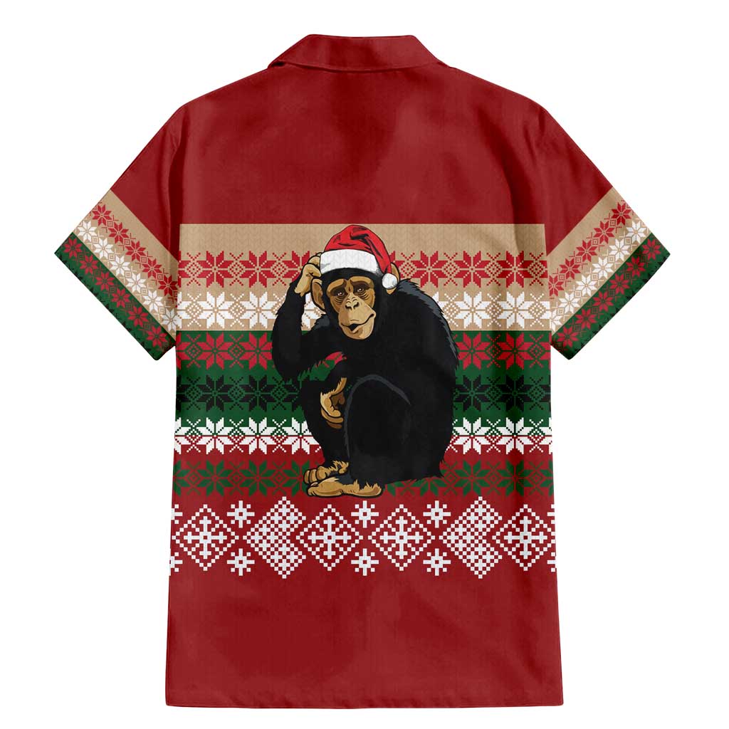 Chimpanzee Christmas Family Matching Mermaid Dress and Hawaiian Shirt Chimpanzee Wearing Santa Hat - Red Green Snowflake - Wonder Print Shop