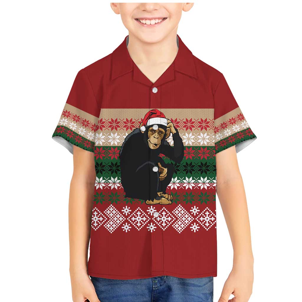Chimpanzee Christmas Family Matching Mermaid Dress and Hawaiian Shirt Chimpanzee Wearing Santa Hat - Red Green Snowflake - Wonder Print Shop