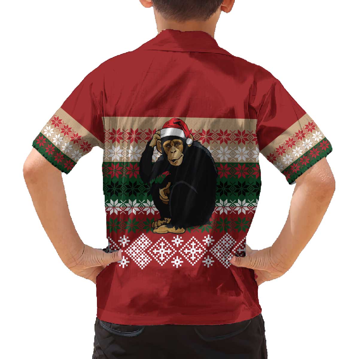 Chimpanzee Christmas Family Matching Off The Shoulder Long Sleeve Dress and Hawaiian Shirt Chimpanzee Wearing Santa Hat - Red Green Snowflake - Wonder Print Shop