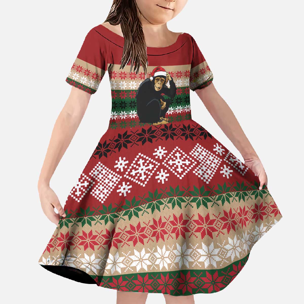 Chimpanzee Christmas Family Matching Off The Shoulder Long Sleeve Dress and Hawaiian Shirt Chimpanzee Wearing Santa Hat - Red Green Snowflake - Wonder Print Shop