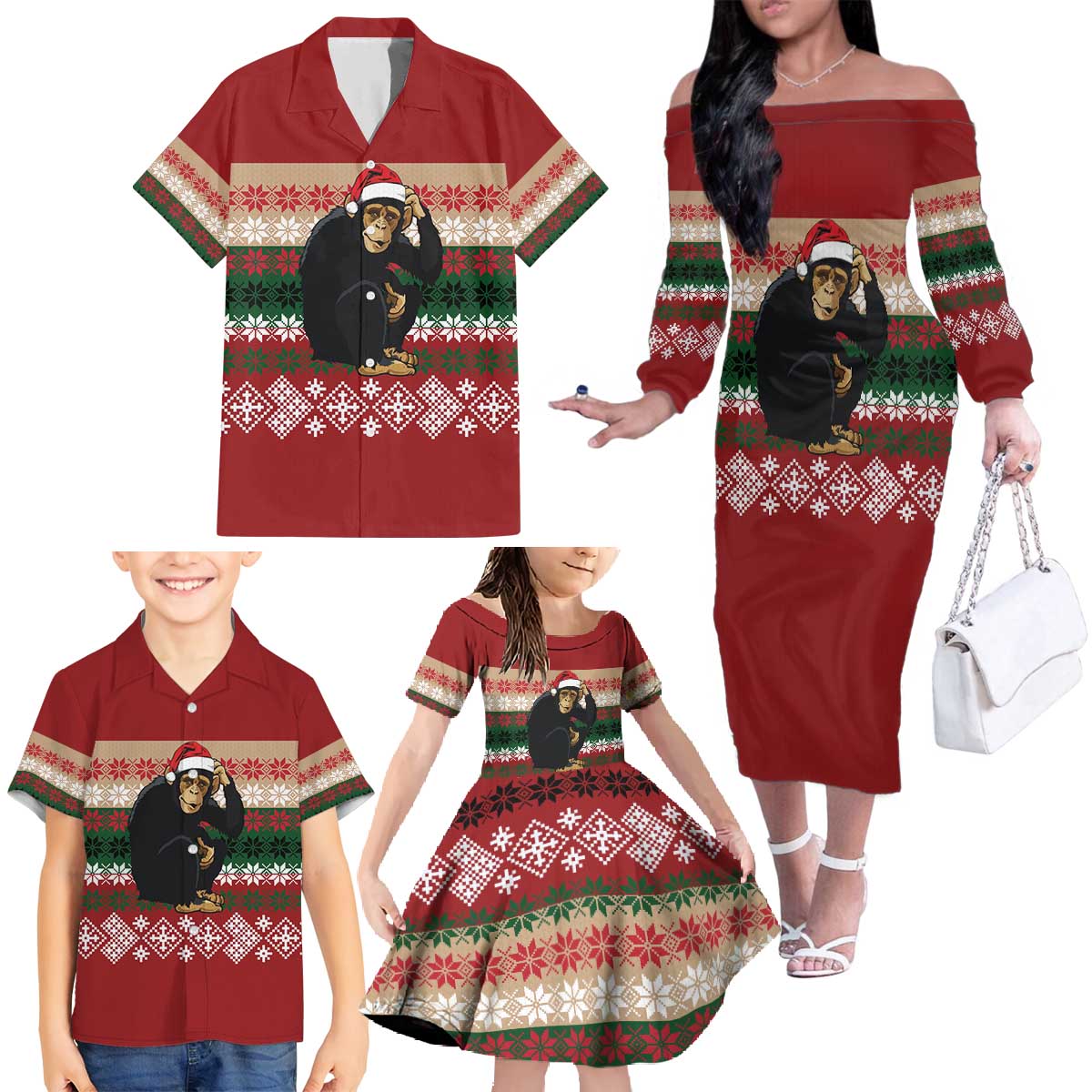 Chimpanzee Christmas Family Matching Off The Shoulder Long Sleeve Dress and Hawaiian Shirt Chimpanzee Wearing Santa Hat - Red Green Snowflake - Wonder Print Shop