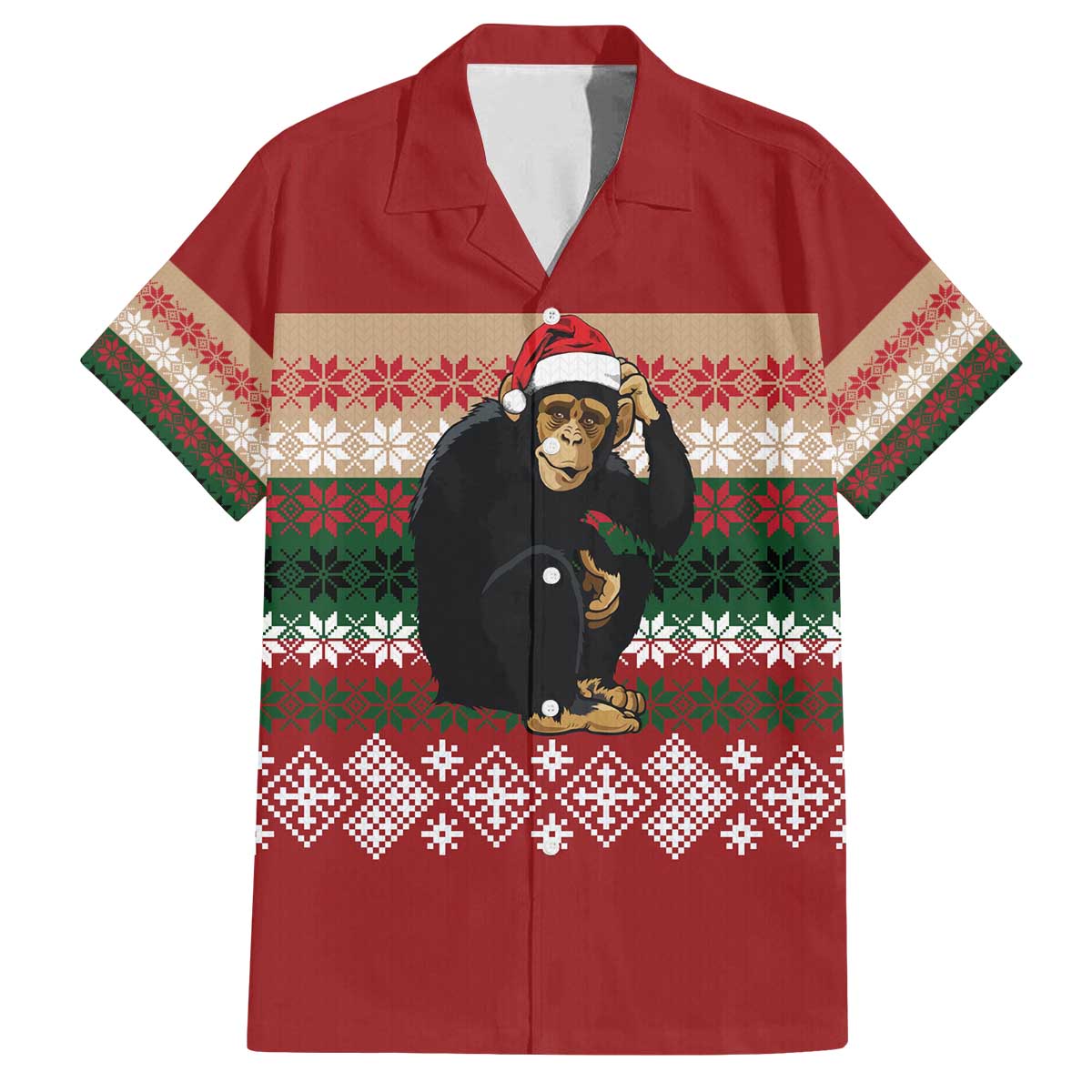 Chimpanzee Christmas Family Matching Off The Shoulder Long Sleeve Dress and Hawaiian Shirt Chimpanzee Wearing Santa Hat - Red Green Snowflake - Wonder Print Shop