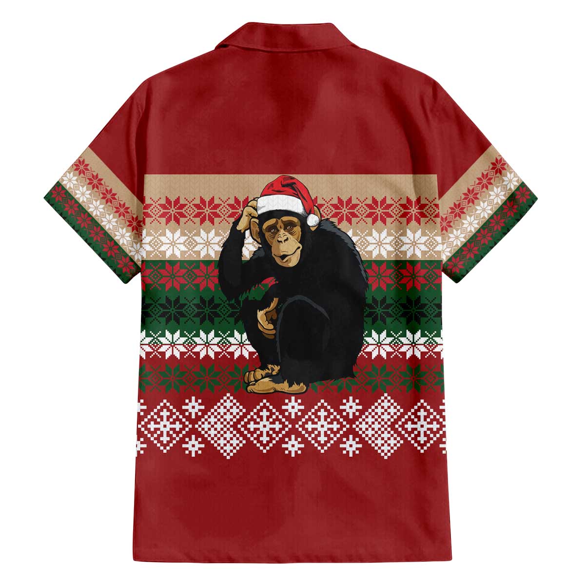 Chimpanzee Christmas Family Matching Off The Shoulder Long Sleeve Dress and Hawaiian Shirt Chimpanzee Wearing Santa Hat - Red Green Snowflake - Wonder Print Shop