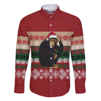 Chimpanzee Christmas Family Matching Off The Shoulder Long Sleeve Dress and Hawaiian Shirt Chimpanzee Wearing Santa Hat - Red Green Snowflake - Wonder Print Shop