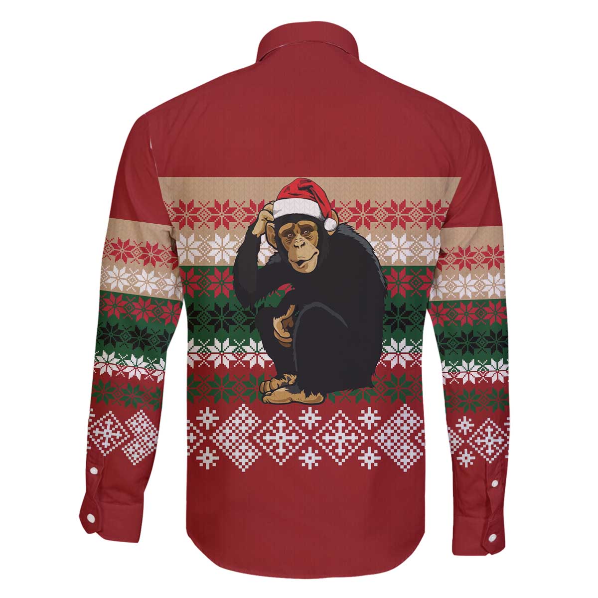 Chimpanzee Christmas Family Matching Off The Shoulder Long Sleeve Dress and Hawaiian Shirt Chimpanzee Wearing Santa Hat - Red Green Snowflake - Wonder Print Shop