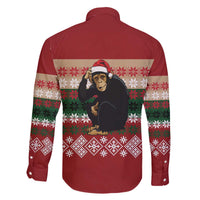 Chimpanzee Christmas Family Matching Off The Shoulder Long Sleeve Dress and Hawaiian Shirt Chimpanzee Wearing Santa Hat - Red Green Snowflake - Wonder Print Shop