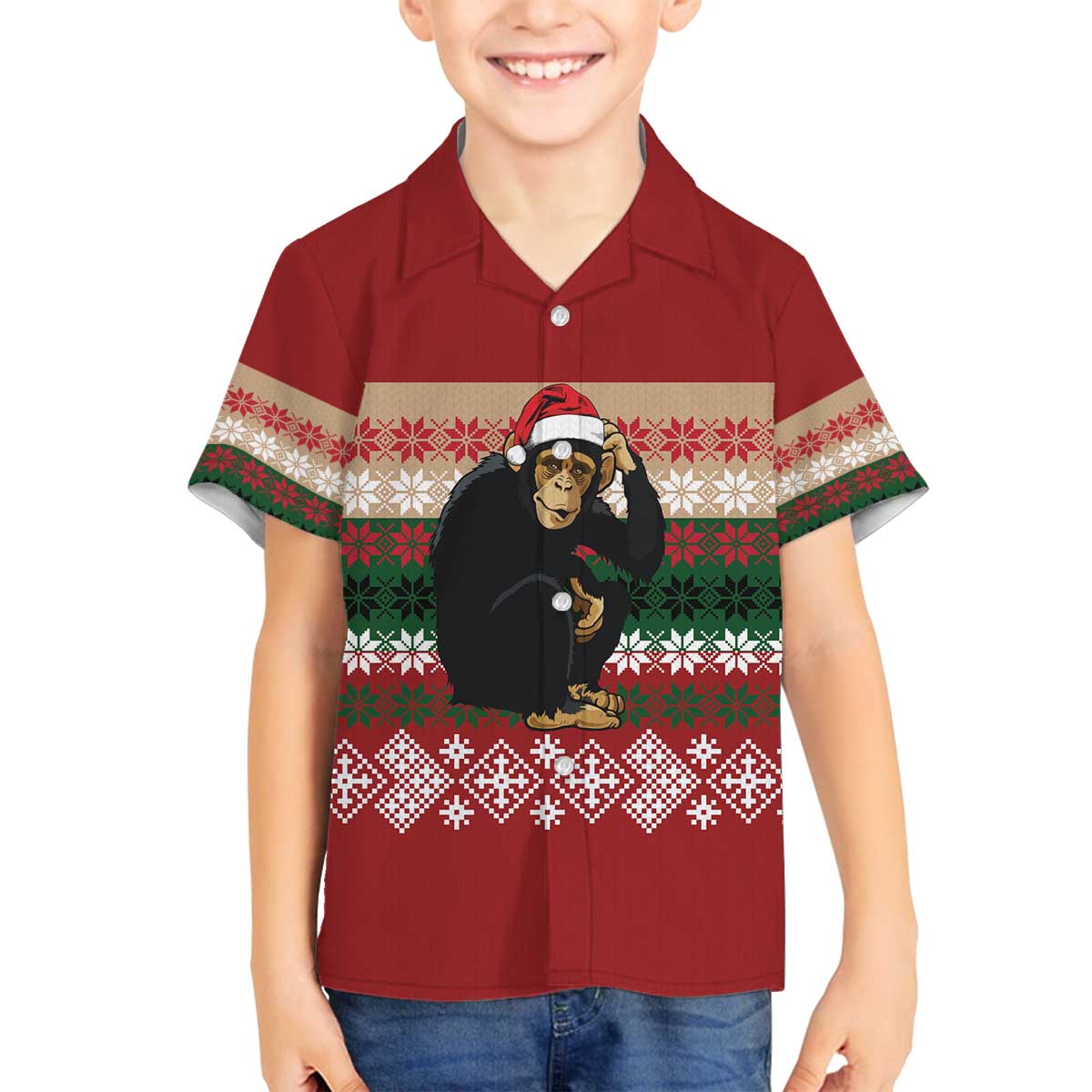 Chimpanzee Christmas Family Matching Off The Shoulder Long Sleeve Dress and Hawaiian Shirt Chimpanzee Wearing Santa Hat - Red Green Snowflake - Wonder Print Shop