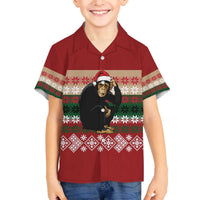 Chimpanzee Christmas Family Matching Off The Shoulder Long Sleeve Dress and Hawaiian Shirt Chimpanzee Wearing Santa Hat - Red Green Snowflake - Wonder Print Shop