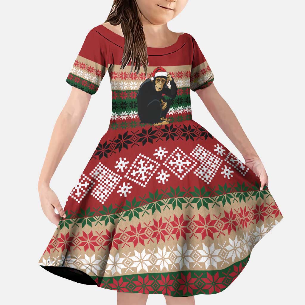 Chimpanzee Christmas Family Matching Off Shoulder Maxi Dress and Hawaiian Shirt Chimpanzee Wearing Santa Hat - Red Green Snowflake - Wonder Print Shop