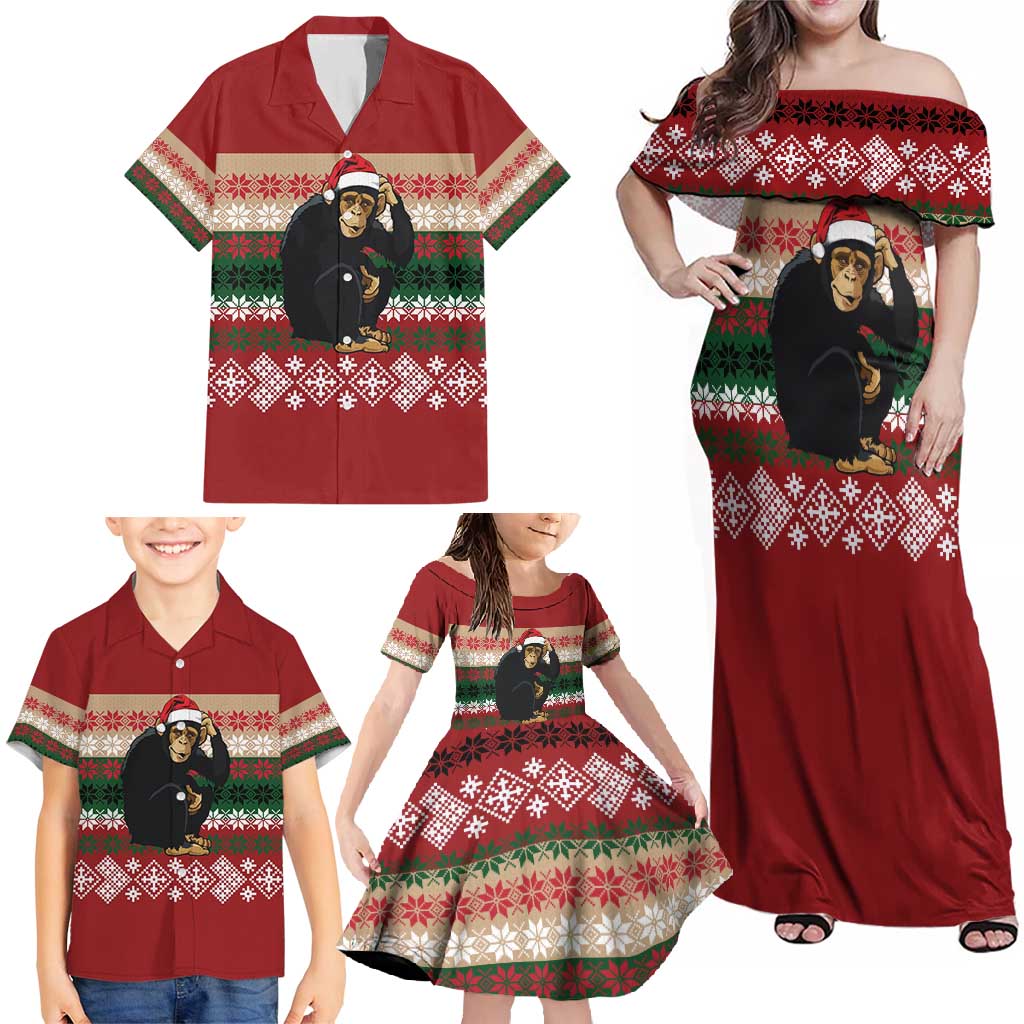 Chimpanzee Christmas Family Matching Off Shoulder Maxi Dress and Hawaiian Shirt Chimpanzee Wearing Santa Hat - Red Green Snowflake - Wonder Print Shop