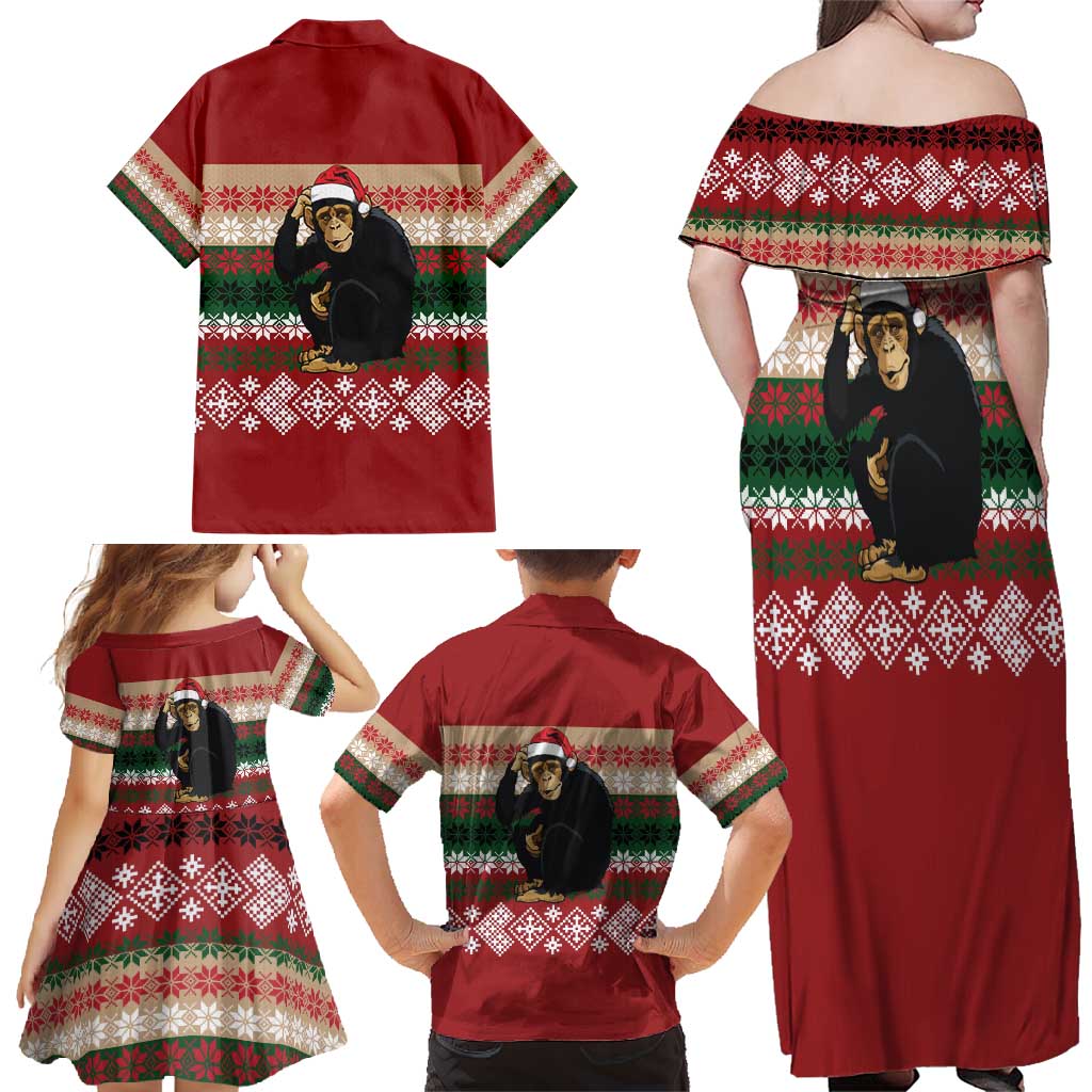 Chimpanzee Christmas Family Matching Off Shoulder Maxi Dress and Hawaiian Shirt Chimpanzee Wearing Santa Hat - Red Green Snowflake - Wonder Print Shop