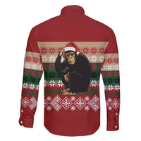 Chimpanzee Christmas Family Matching Off Shoulder Maxi Dress and Hawaiian Shirt Chimpanzee Wearing Santa Hat - Red Green Snowflake - Wonder Print Shop