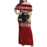 Chimpanzee Christmas Family Matching Off Shoulder Maxi Dress and Hawaiian Shirt Chimpanzee Wearing Santa Hat - Red Green Snowflake - Wonder Print Shop