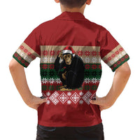 Chimpanzee Christmas Family Matching Off Shoulder Short Dress and Hawaiian Shirt Chimpanzee Wearing Santa Hat - Red Green Snowflake - Wonder Print Shop