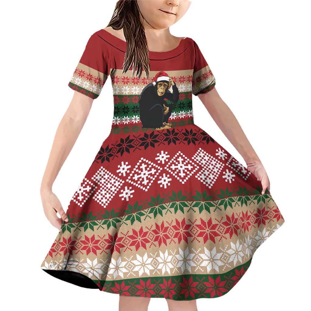 Chimpanzee Christmas Family Matching Off Shoulder Short Dress and Hawaiian Shirt Chimpanzee Wearing Santa Hat - Red Green Snowflake - Wonder Print Shop