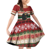 Chimpanzee Christmas Family Matching Off Shoulder Short Dress and Hawaiian Shirt Chimpanzee Wearing Santa Hat - Red Green Snowflake - Wonder Print Shop