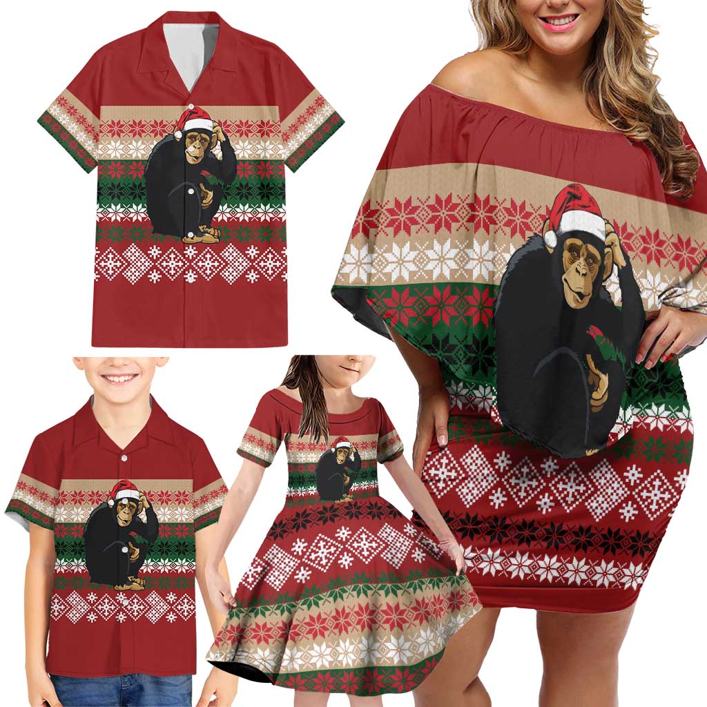 Chimpanzee Christmas Family Matching Off Shoulder Short Dress and Hawaiian Shirt Chimpanzee Wearing Santa Hat - Red Green Snowflake - Wonder Print Shop
