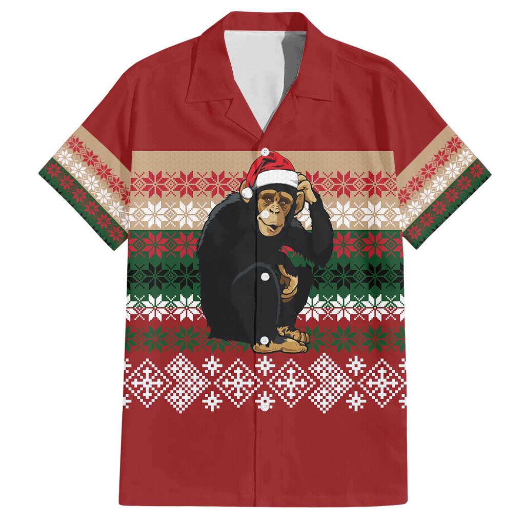 Chimpanzee Christmas Family Matching Off Shoulder Short Dress and Hawaiian Shirt Chimpanzee Wearing Santa Hat - Red Green Snowflake - Wonder Print Shop