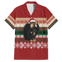 Chimpanzee Christmas Family Matching Off Shoulder Short Dress and Hawaiian Shirt Chimpanzee Wearing Santa Hat - Red Green Snowflake - Wonder Print Shop