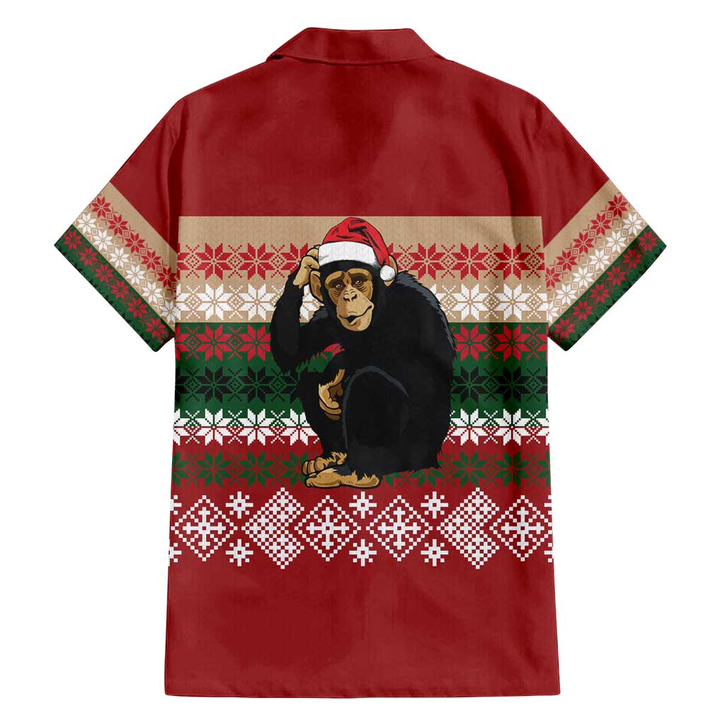 Chimpanzee Christmas Family Matching Off Shoulder Short Dress and Hawaiian Shirt Chimpanzee Wearing Santa Hat - Red Green Snowflake - Wonder Print Shop