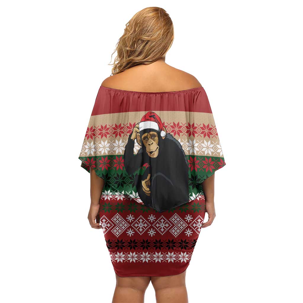 Chimpanzee Christmas Family Matching Off Shoulder Short Dress and Hawaiian Shirt Chimpanzee Wearing Santa Hat - Red Green Snowflake - Wonder Print Shop