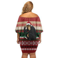 Chimpanzee Christmas Family Matching Off Shoulder Short Dress and Hawaiian Shirt Chimpanzee Wearing Santa Hat - Red Green Snowflake - Wonder Print Shop