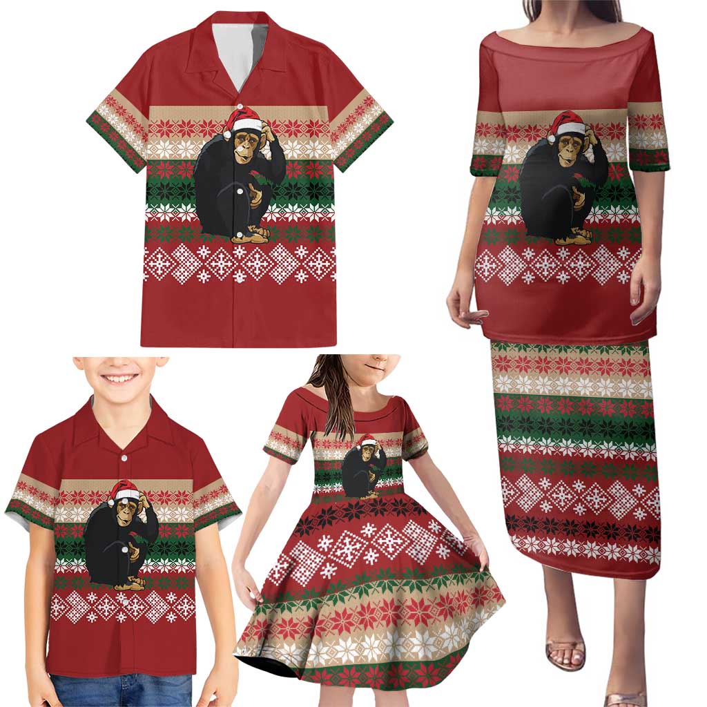Chimpanzee Christmas Family Matching Puletasi and Hawaiian Shirt Chimpanzee Wearing Santa Hat - Red Green Snowflake - Wonder Print Shop