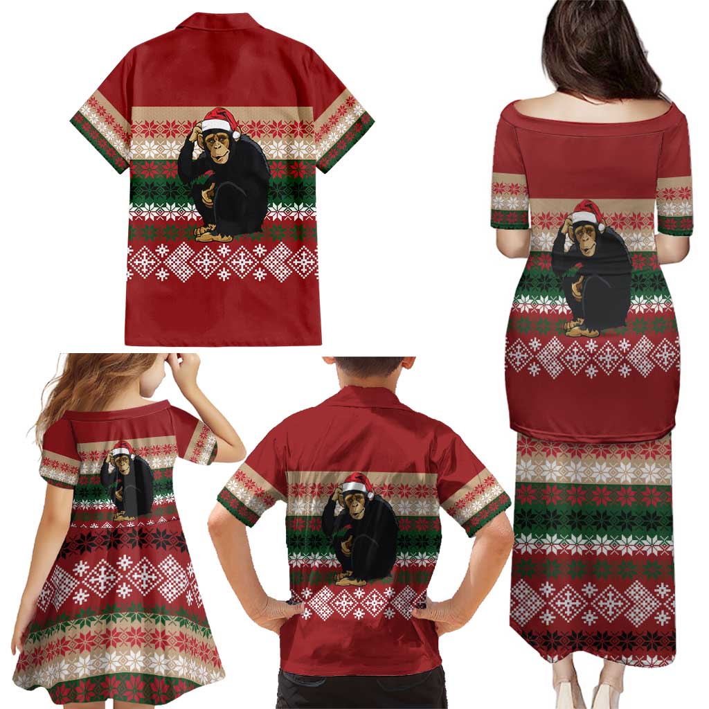 Chimpanzee Christmas Family Matching Puletasi and Hawaiian Shirt Chimpanzee Wearing Santa Hat - Red Green Snowflake - Wonder Print Shop