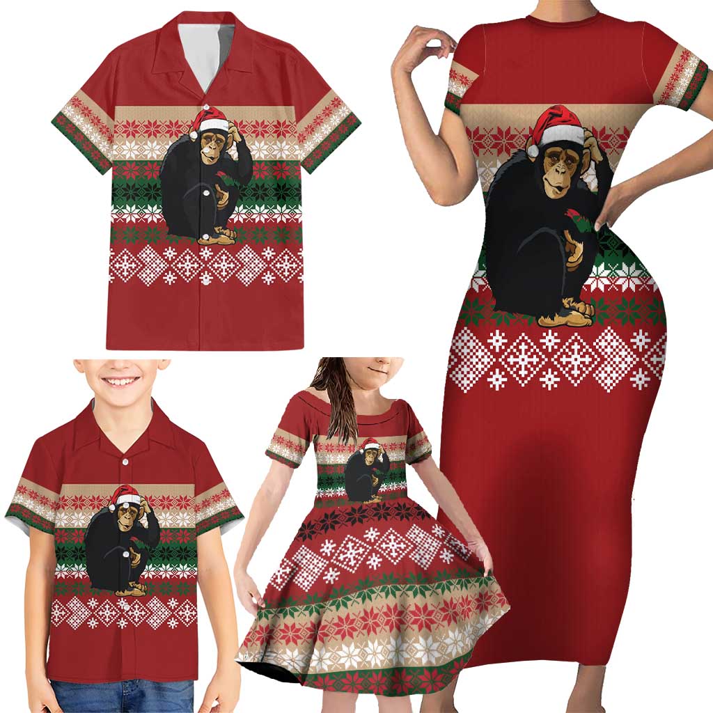 Chimpanzee Christmas Family Matching Short Sleeve Bodycon Dress and Hawaiian Shirt Chimpanzee Wearing Santa Hat - Red Green Snowflake - Wonder Print Shop