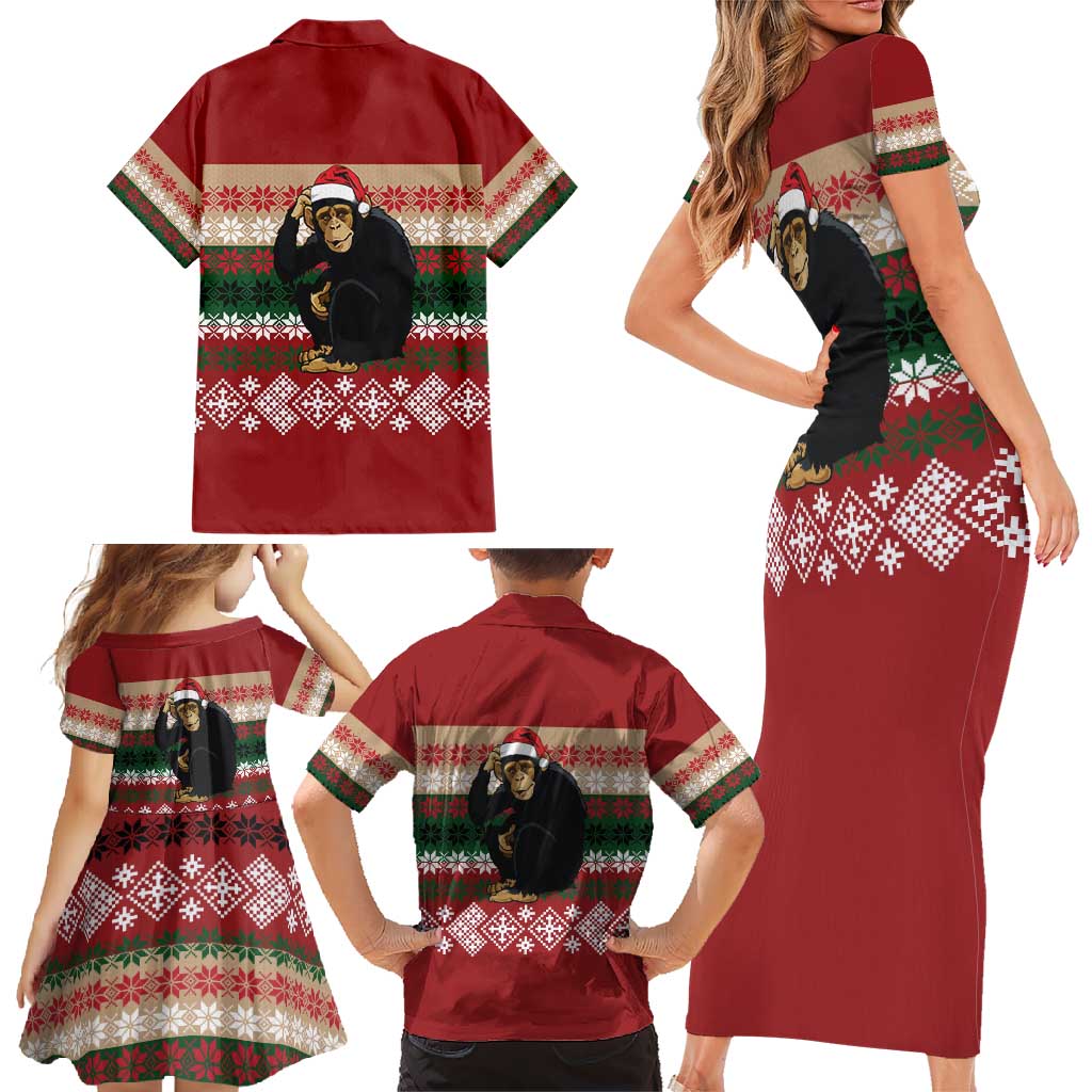 Chimpanzee Christmas Family Matching Short Sleeve Bodycon Dress and Hawaiian Shirt Chimpanzee Wearing Santa Hat - Red Green Snowflake - Wonder Print Shop