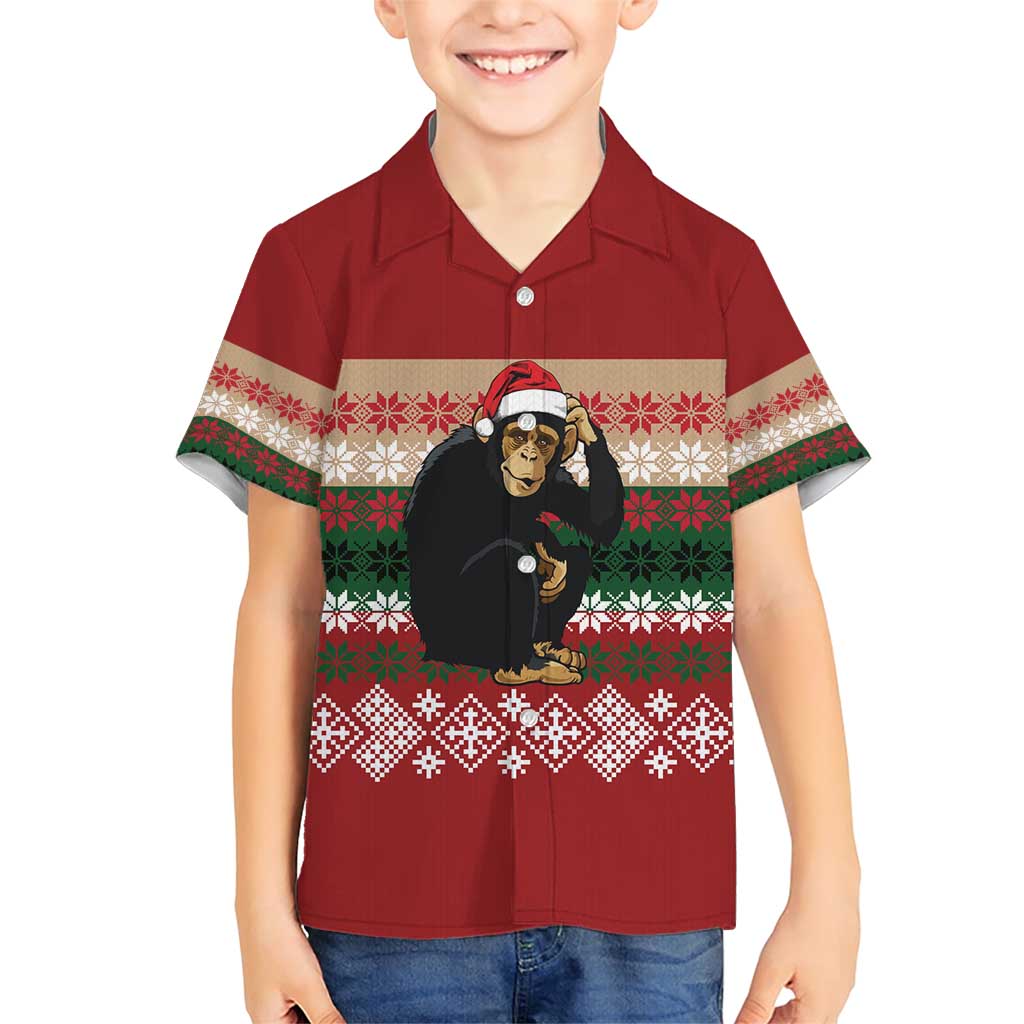 Chimpanzee Christmas Family Matching Short Sleeve Bodycon Dress and Hawaiian Shirt Chimpanzee Wearing Santa Hat - Red Green Snowflake - Wonder Print Shop