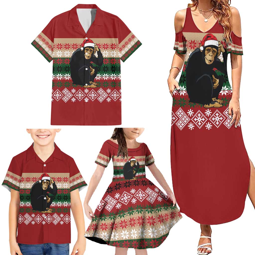 Chimpanzee Christmas Family Matching Summer Maxi Dress and Hawaiian Shirt Chimpanzee Wearing Santa Hat - Red Green Snowflake - Wonder Print Shop