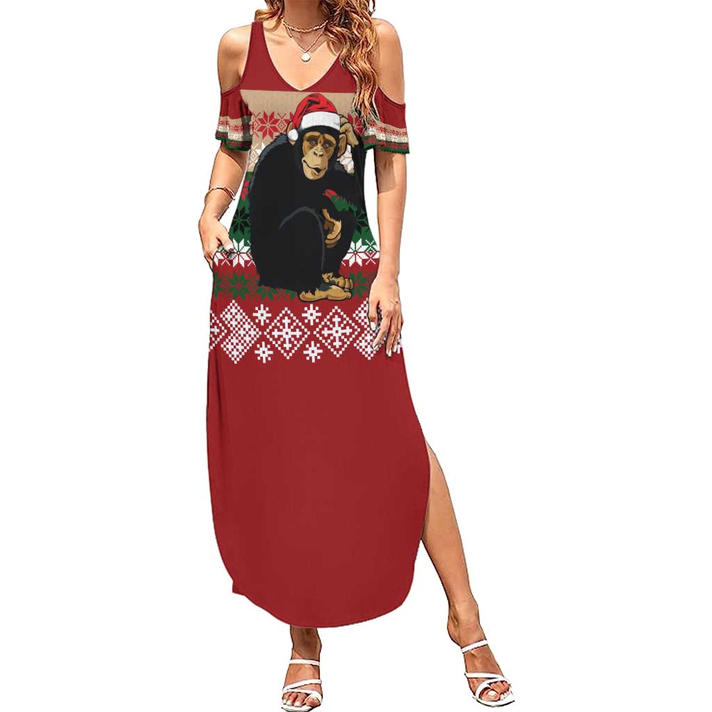 Chimpanzee Christmas Family Matching Summer Maxi Dress and Hawaiian Shirt Chimpanzee Wearing Santa Hat - Red Green Snowflake - Wonder Print Shop