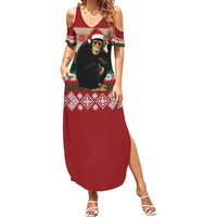 Chimpanzee Christmas Family Matching Summer Maxi Dress and Hawaiian Shirt Chimpanzee Wearing Santa Hat - Red Green Snowflake - Wonder Print Shop
